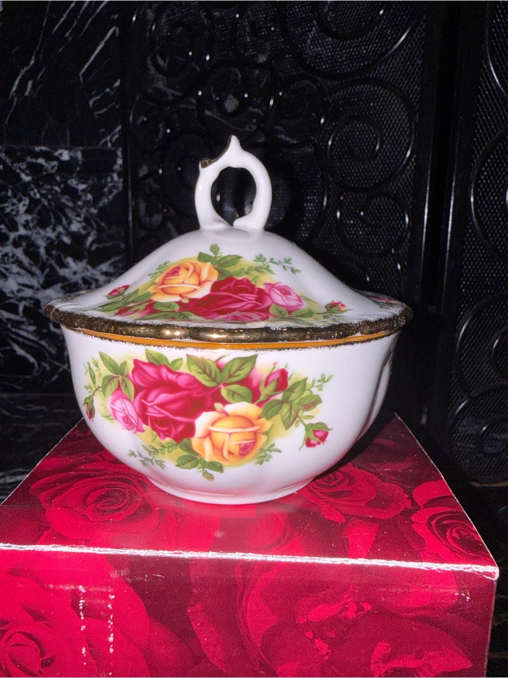 Floral Porcelain Sugar Bowl with Lid - White with Pink & Yellow Roses
